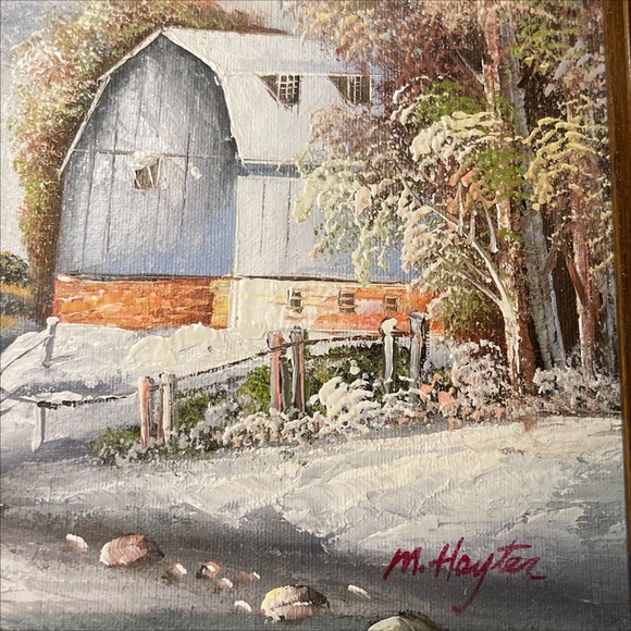 Vintage Winter Barn Landscape Painting, 12x14 - Picture 6 of 8